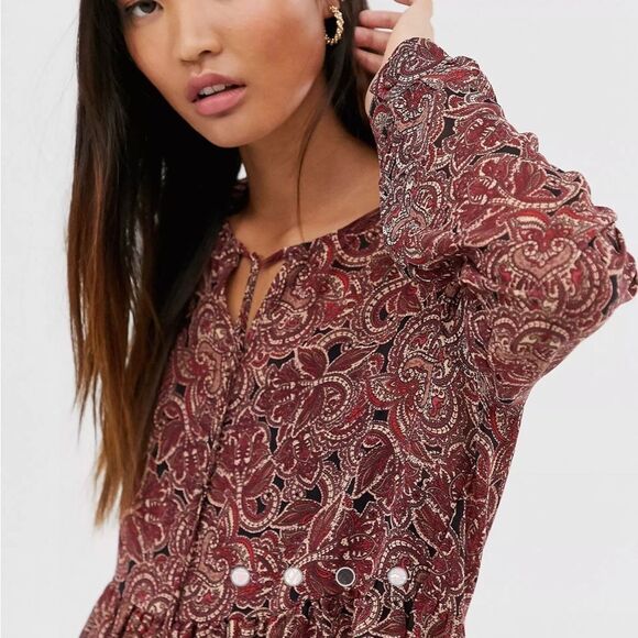 ASOS ONLY dress tiered brick Red & Black Paisley Print Chiffon Dress SZ M - Picture 12 of 12